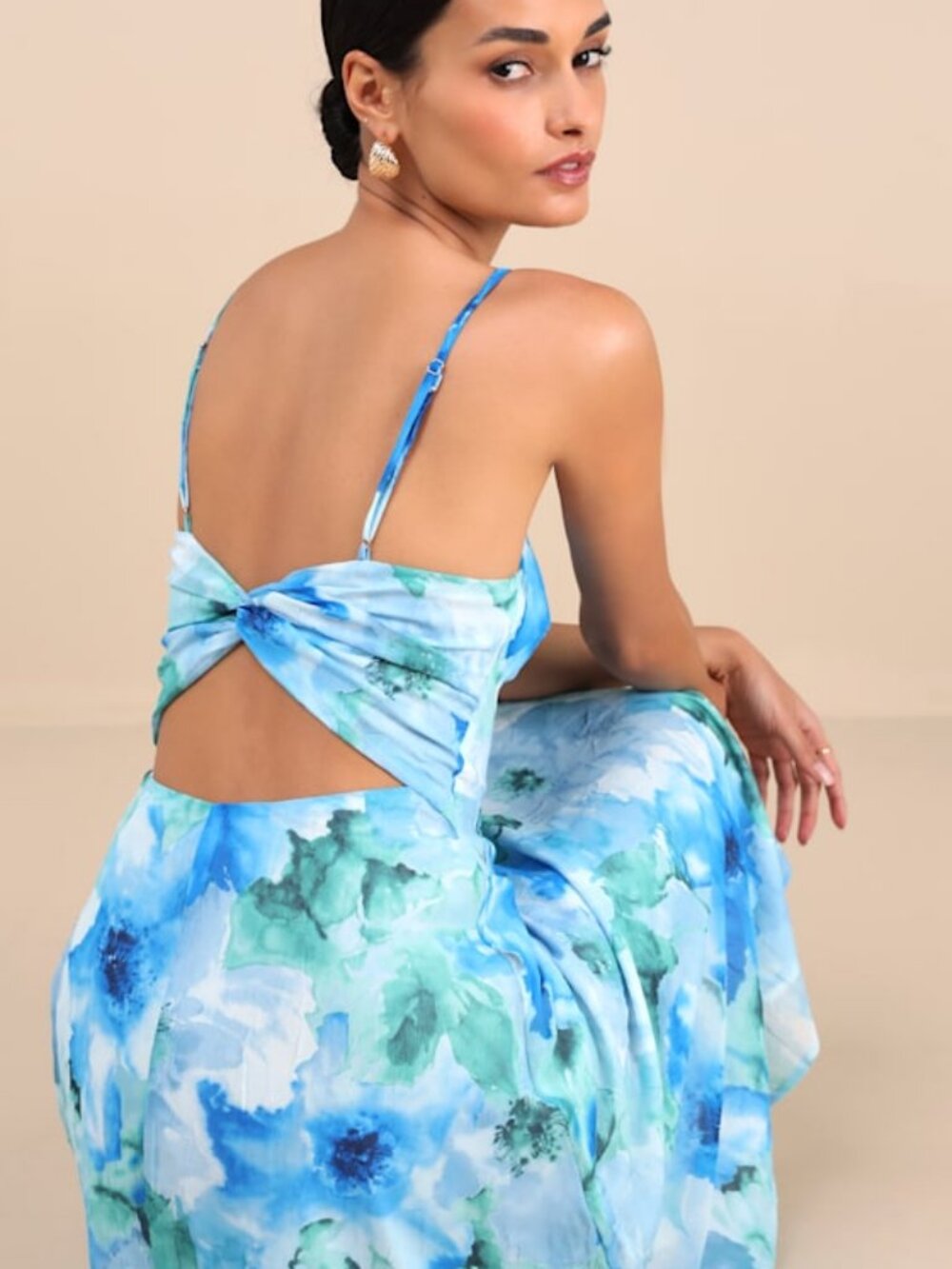 Lulus Radiant Feelings Blue And Green Floral Chiffon Midi Dress - Size S